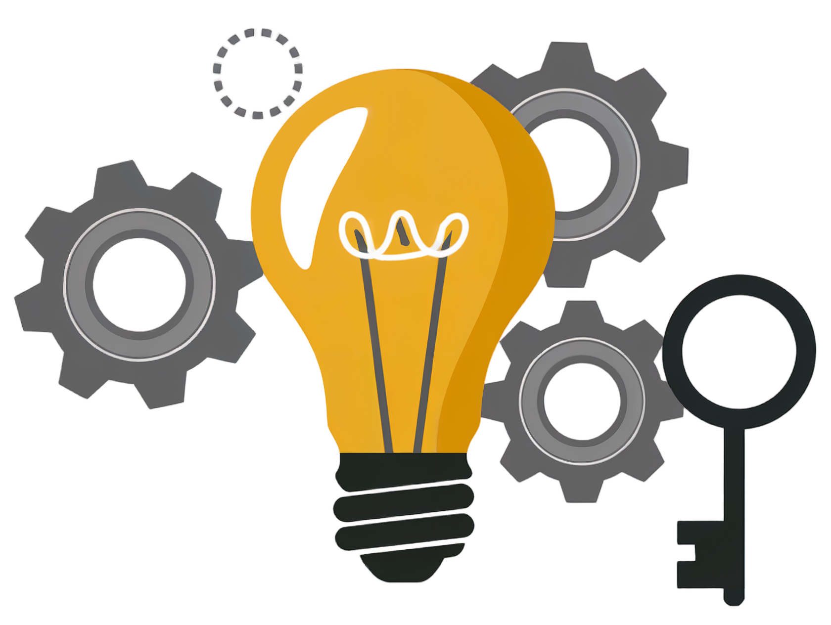 Advanced AI Solutions graphic showing a lightbulb, gears, and a key